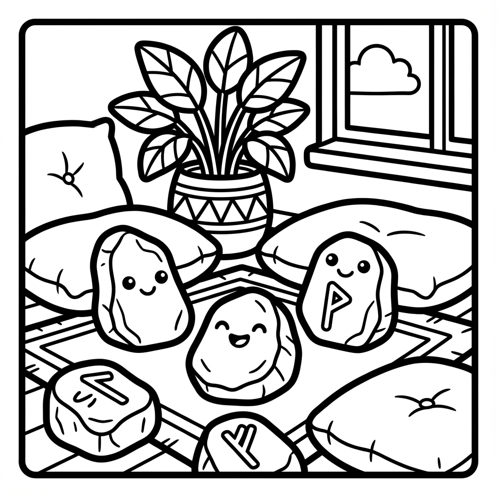 Smiling rune stones on a cozy mat, a great easy coloring pages for toddlers choice.